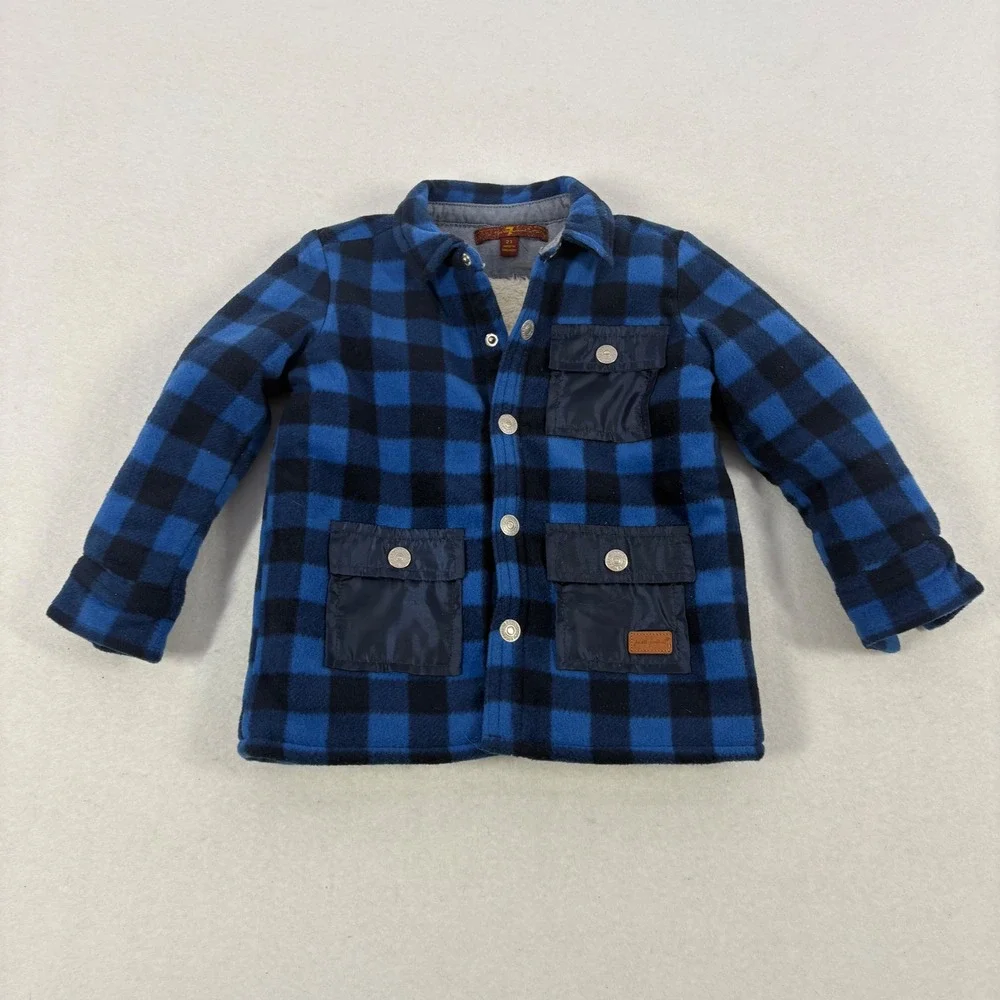 7‎ For All Mankind Kids Blue Buffalo Plaid Sherpa Lined Fleece Shirt Jacket 2T